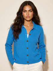 Dames gebreid vest met kraag en knoopsluiting, blauw
