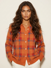 Dames Gebreid Vest – Geruit Design met Kraag en Knoopsluiting