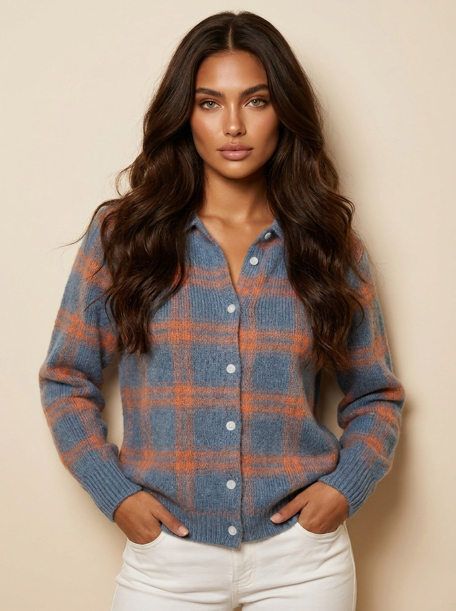 Dames Gebreid Vest – Geruit Design met Kraag en Knoopsluiting