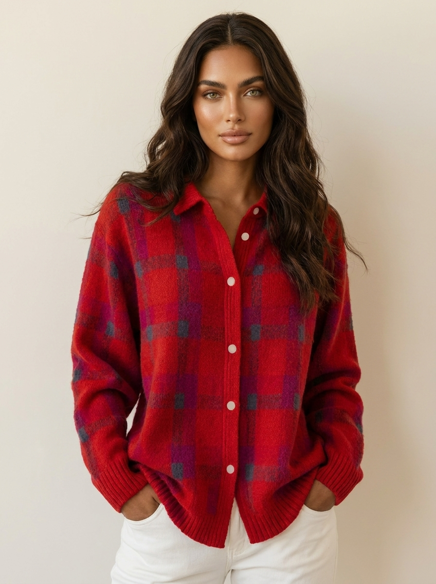 Dames Gebreid Vest – Geruit Design met Kraag en Knoopsluiting