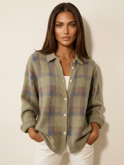 Dames Gebreid Vest – Geruit Design met Kraag en Knoopsluiting