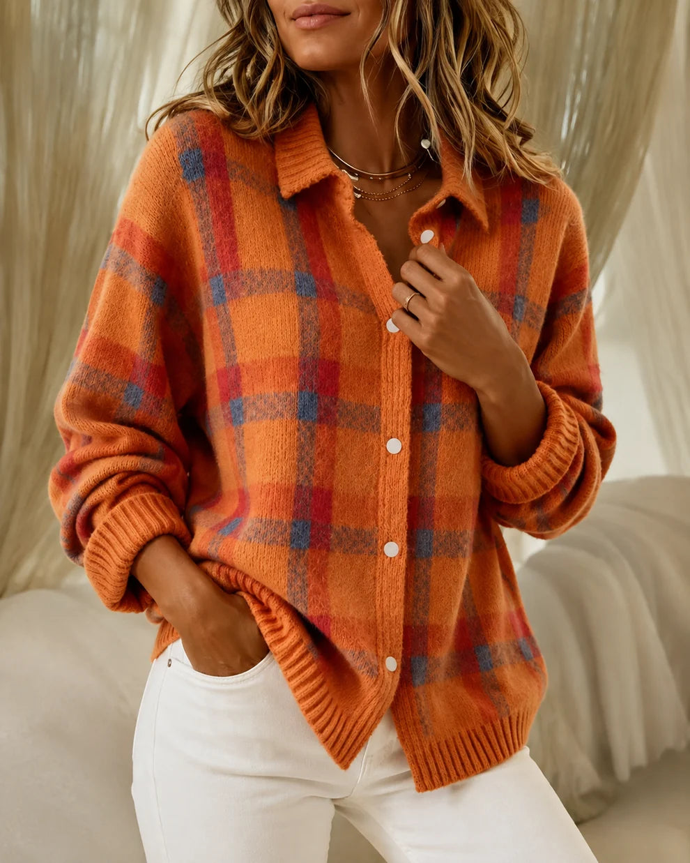Dames Gebreid Vest – Geruit met Kraag en Knopen