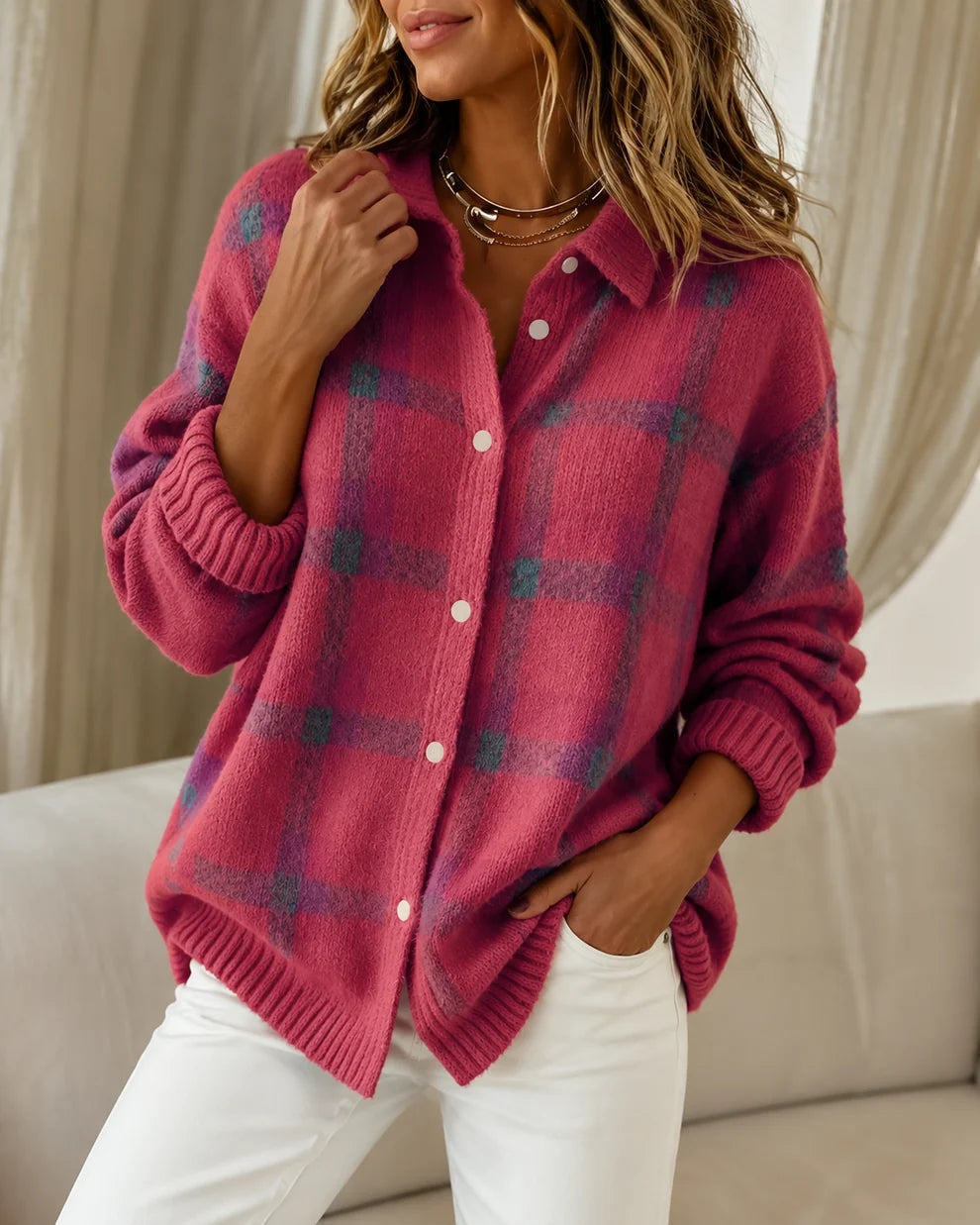 Dames Gebreid Vest – Geruit met Kraag en Knopen