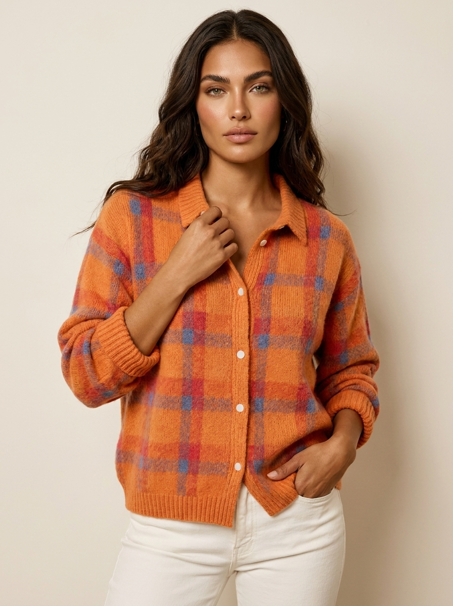 Dames Gebreid Vest – Geruit met Kraag en Knopen