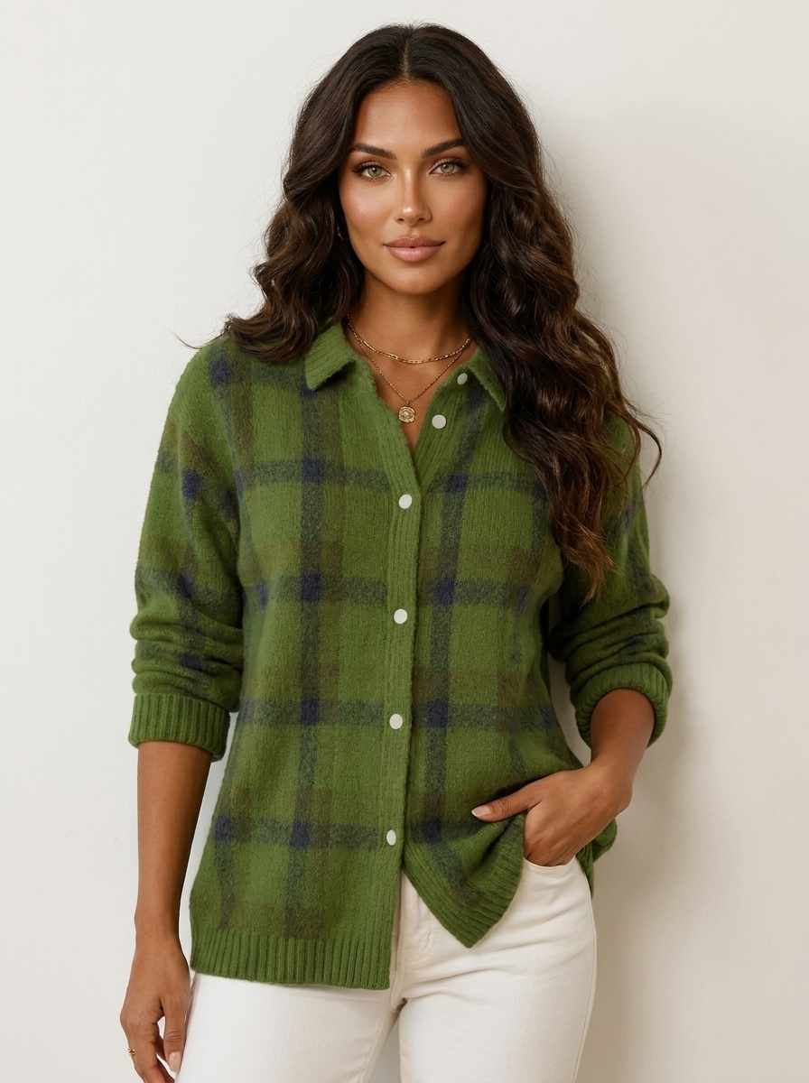 Dames Gebreid Vest – Geruit met Kraag en Knopen