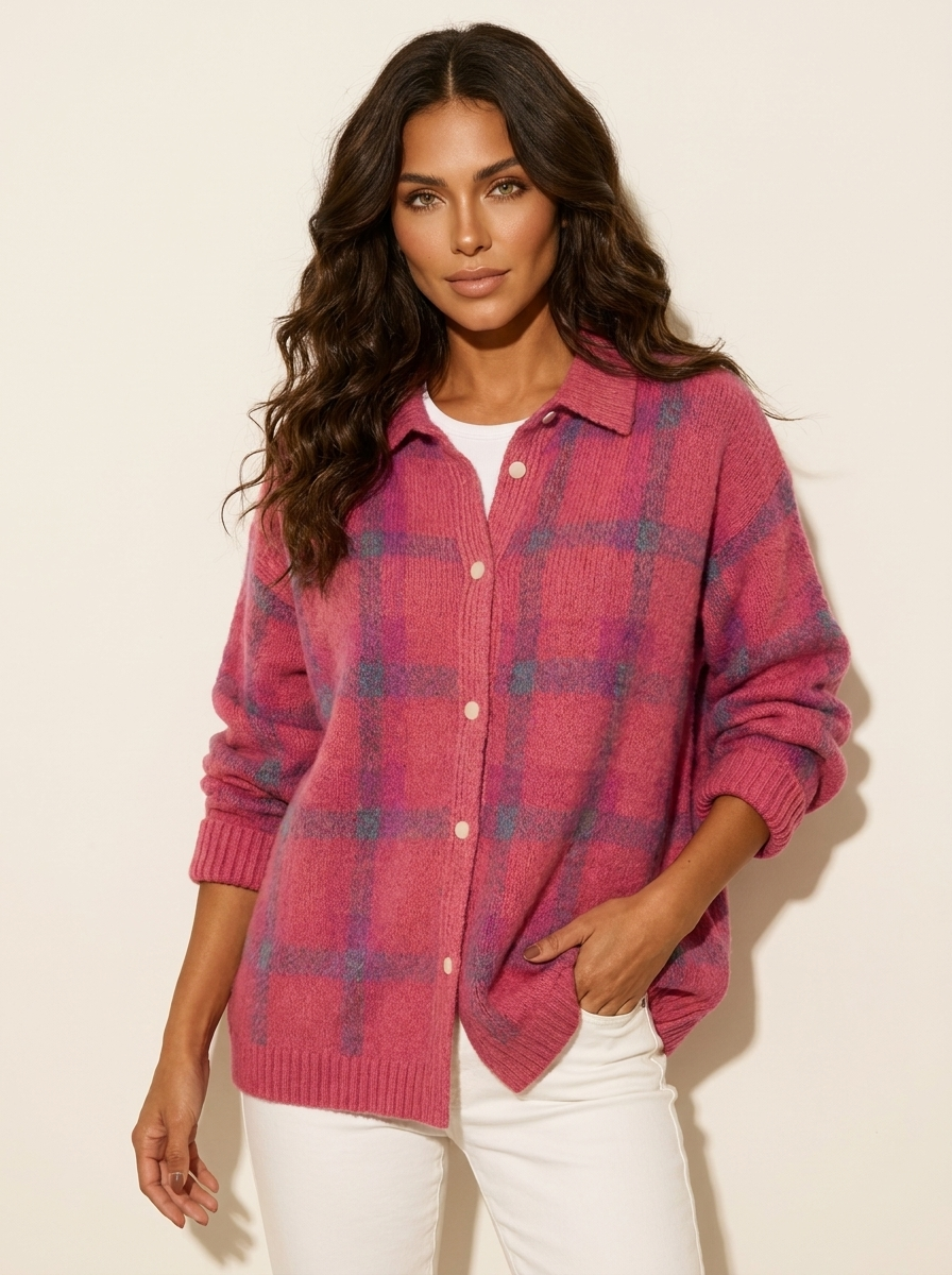 Dames Gebreid Vest – Geruit met Kraag en Knopen