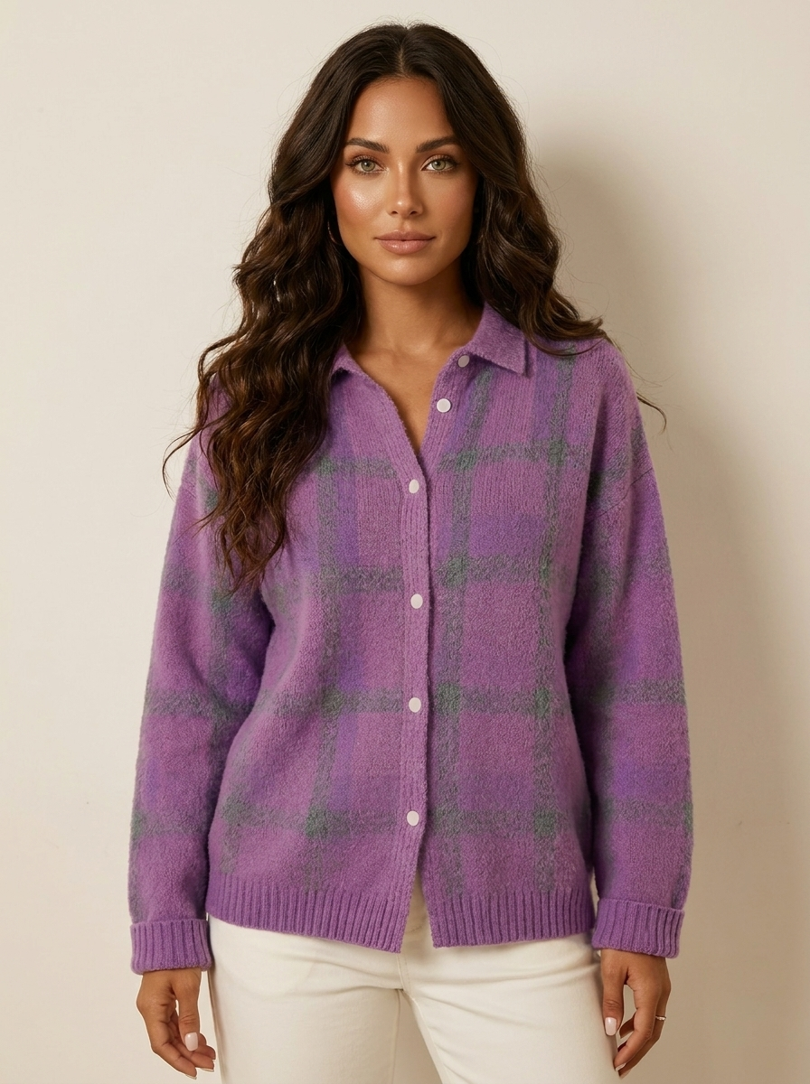 Dames Gebreid Vest – Geruit met Kraag en Knopen