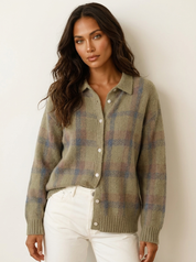 Dames Gebreid Vest – Geruit met Kraag en Knopen