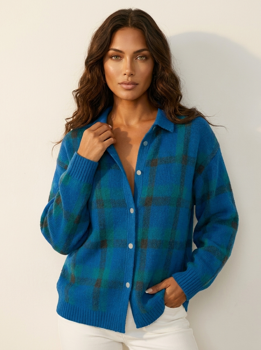 Dames Gebreid Vest – Geruit met Kraag en Knopen