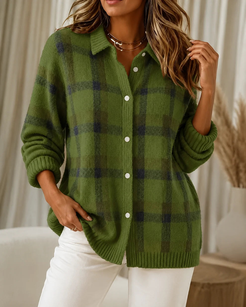 Dames Gebreid Vest – Geruit met Kraag en Knopen