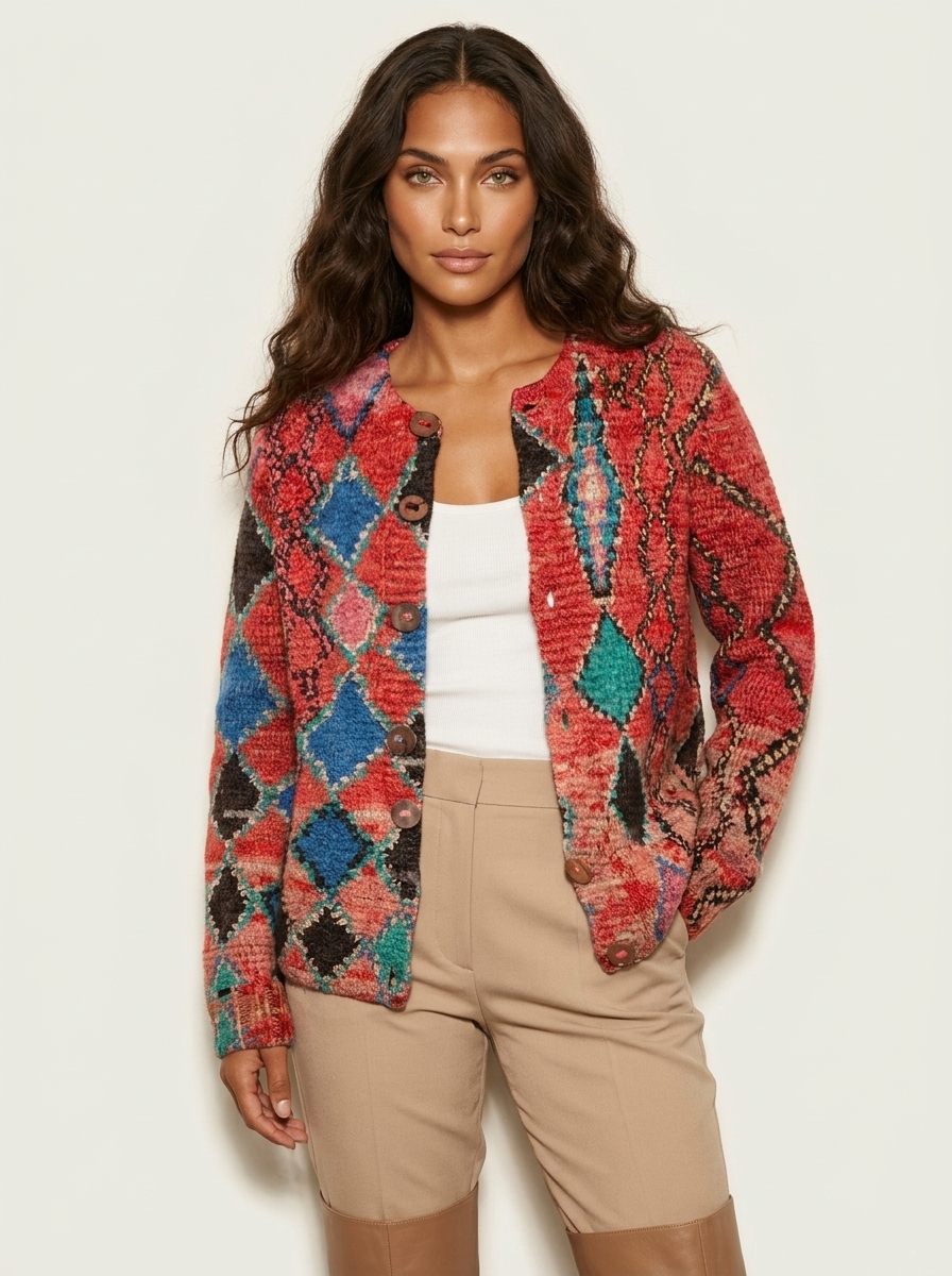 Dames Gebreid Vest – Kleurrijk Patroon met Knopen