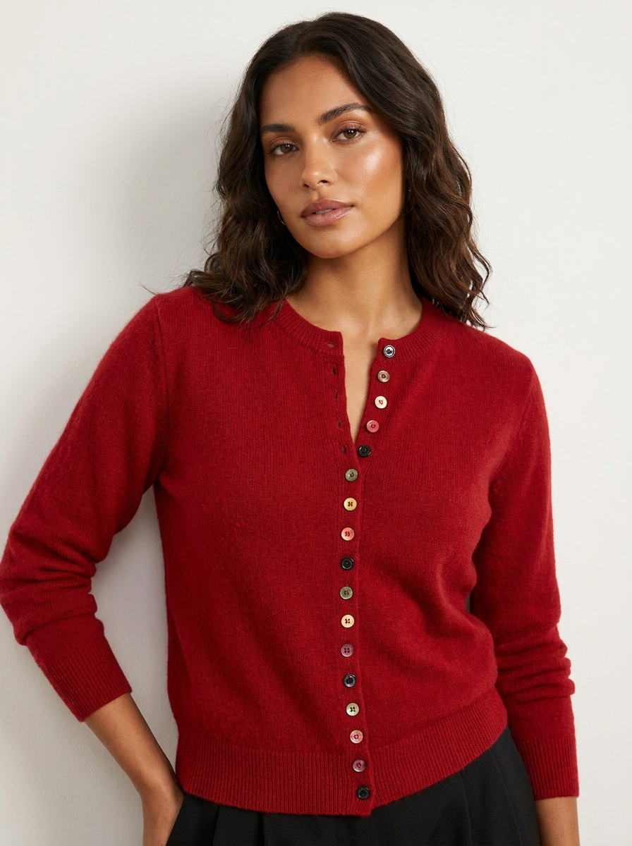 Dames Gebreid Vest – Kleurrijke Knoopsluiting met Ronde Hals Rood / S - AIDA LENA