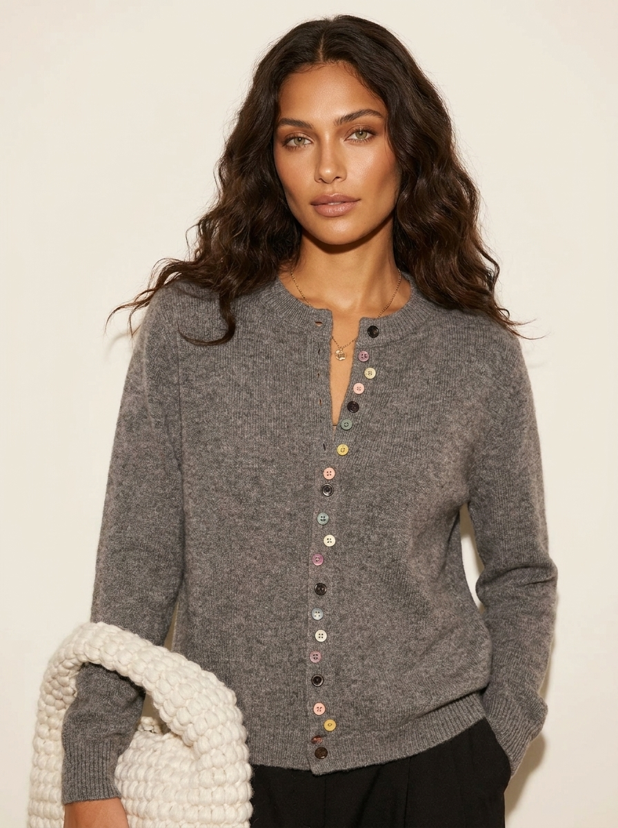 Dames Gebreid Vest – Kleurrijke Knoopsluiting met Ronde Hals Grijs / S - AIDA LENA