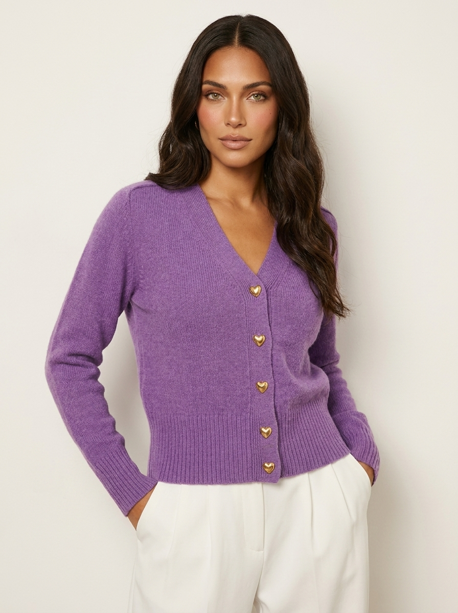Dames Gebreid Vest – V-Hals met Hartvormige Knopen Zwart / S - AIDA LENA