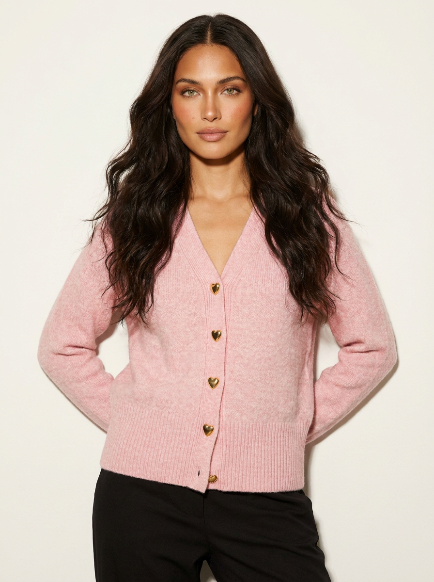 Dames Gebreid Vest – V-Hals met Hartvormige Knopen Zwart / S - AIDA LENA