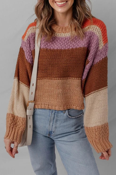 Dames Gebreide Trui – Gestreept Design met Ronde Hals S - AIDA LENA