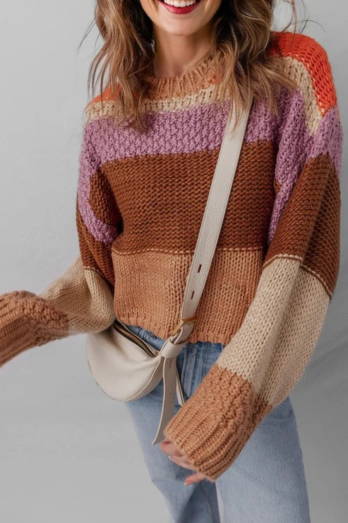 Dames Gebreide Trui – Gestreept Design met Ronde Hals S - AIDA LENA