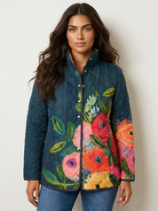Dames Gewatteerde Jas – Bloemenprint met Opstaande Kraag