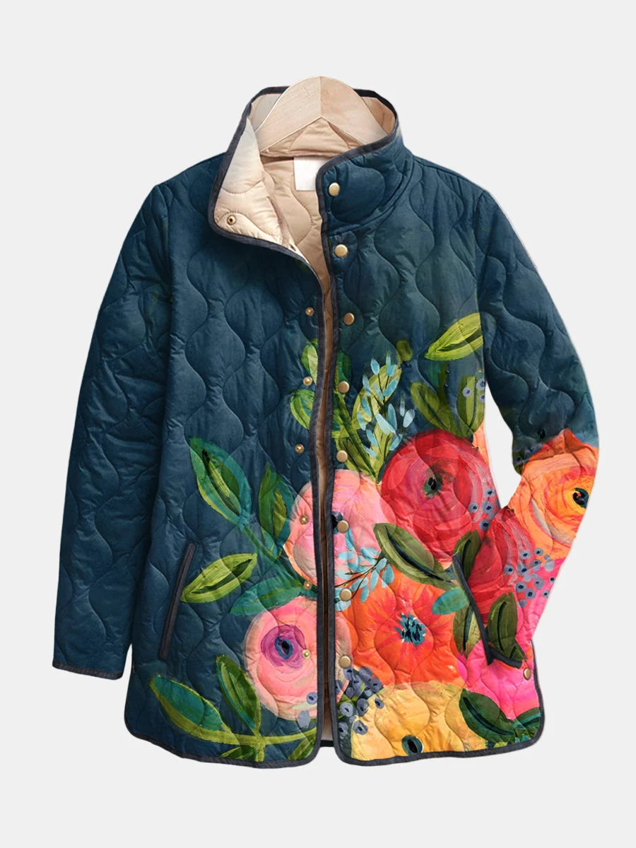 Dames Gewatteerde Jas – Bloemenprint met Opstaande Kraag