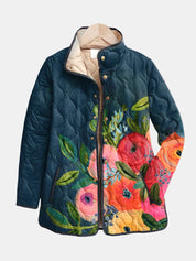 Dames Gewatteerde Jas – Bloemenprint met Opstaande Kraag