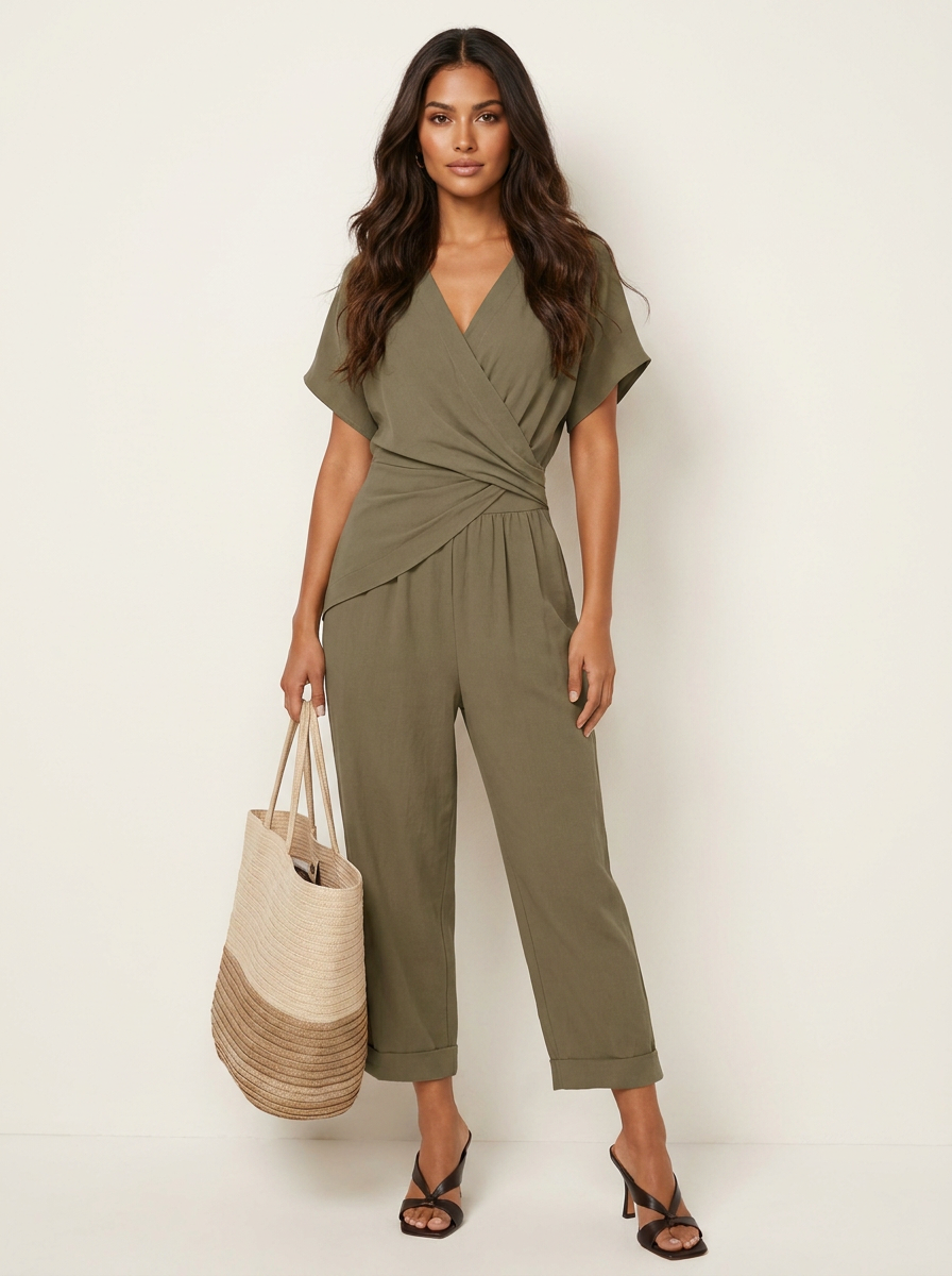Dames Jumpsuit – Overslag V-Hals met Getailleerde Taille Khaki / S - AIDA LENA