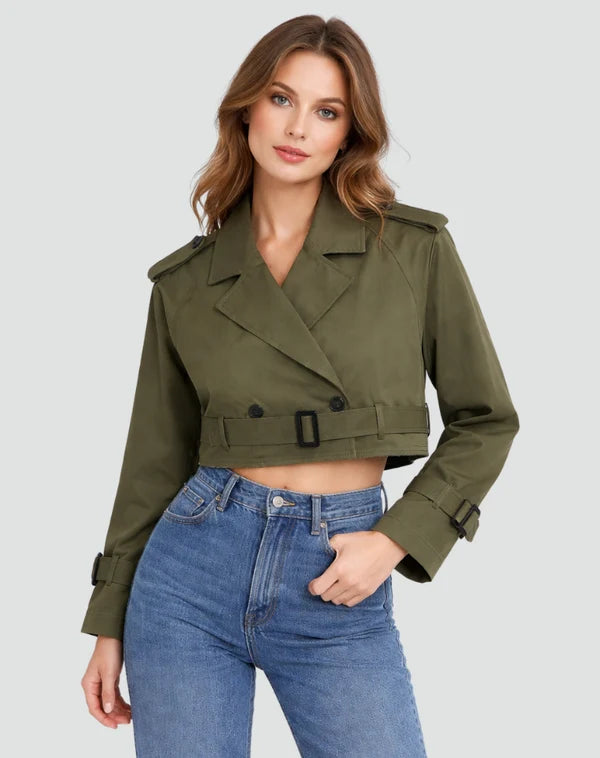 Dames Korte Trenchcoat – Cropped Model met Tailleband Militair Groen / XS - AIDA LENA