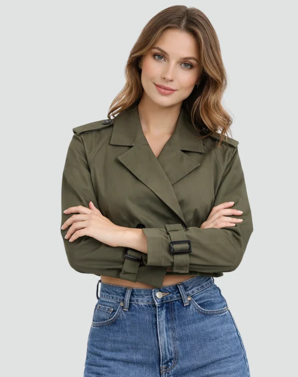 Dames Korte Trenchcoat – Getailleerd met Ceintuur en Knopen
