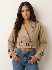 Dames Korte Trenchcoat – Getailleerd met Ceintuur en Knopen