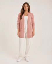 Dames Lang Gebreid Vest – Open Model met Zakken Roze / S - AIDA LENA