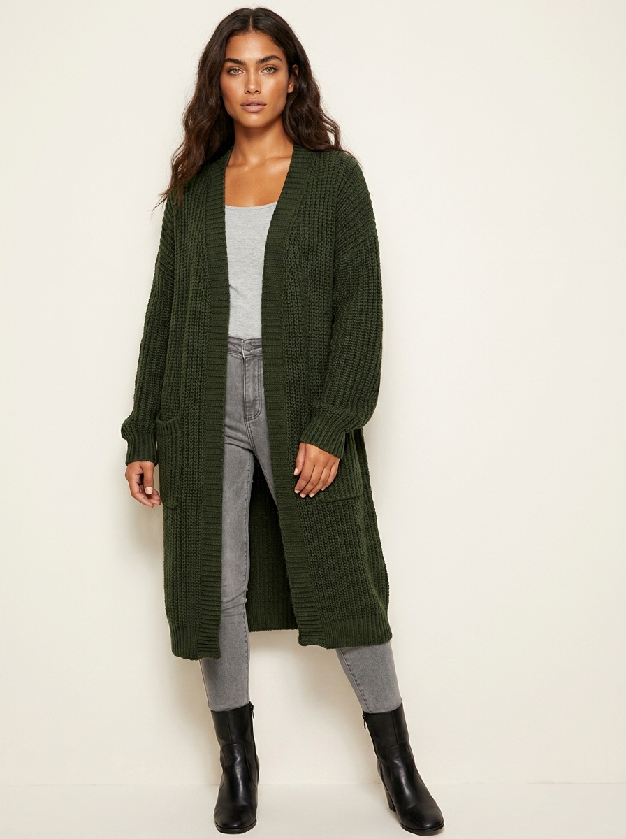 Dames Lang Gebreid Vest – Oversized met Ballonmouwen en Zakken Khaki / S - AIDA LENA