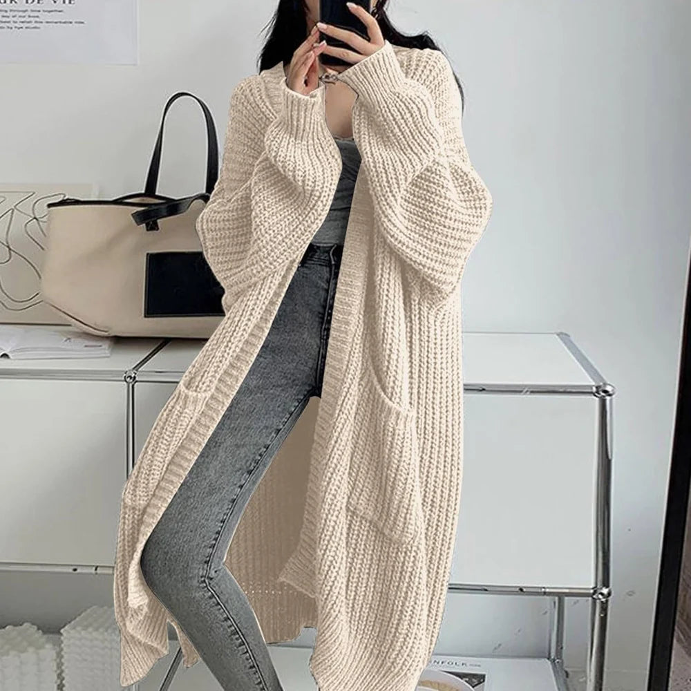 Dames Lang Gebreid Vest – Oversized met Ballonmouwen en Zakken Khaki / S - AIDA LENA