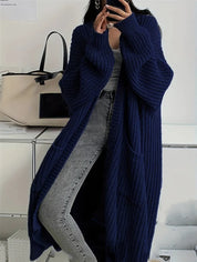 Dames Lang Gebreid Vest – Oversized met Ballonmouwen en Zakken Marineblauw / S - AIDA LENA