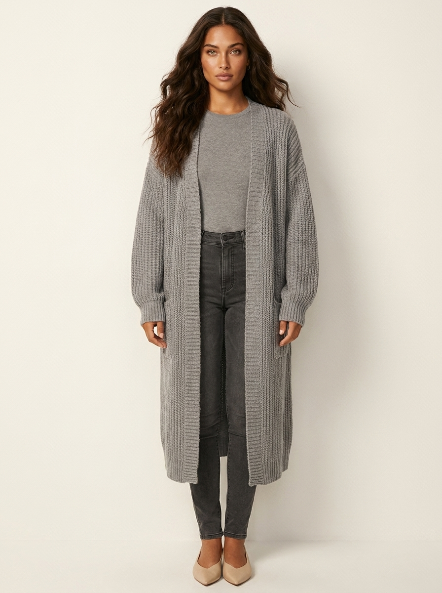 Dames Lang Gebreid Vest – Oversized met Ballonmouwen en Zakken Khaki / S - AIDA LENA