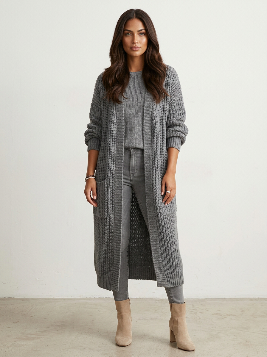 Dames Lang Gebreid Vest – Oversized met Ballonmouwen en Zakken Khaki / S - AIDA LENA