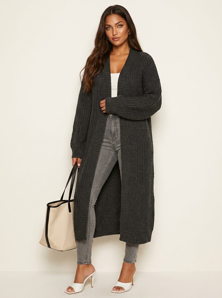 Dames Lang Gebreid Vest – Oversized met Ballonmouwen en Zakken Khaki / S - AIDA LENA