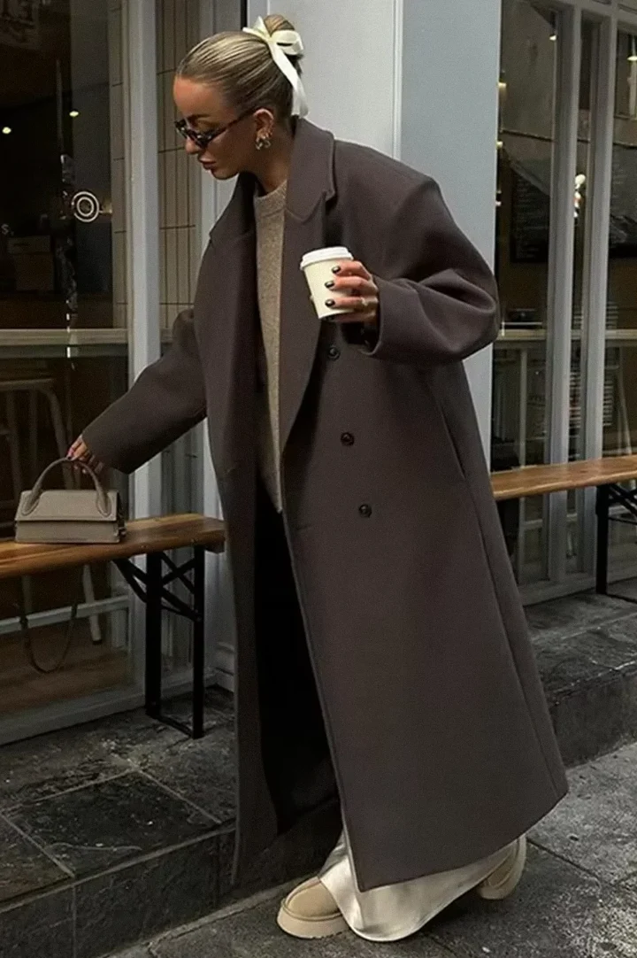 Dames Lange Jas – Oversized Model met Dubbele Knoopsluiting