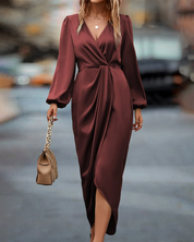 Dames Lange Jurk – V-Hals met Lange Mouwen en Taille