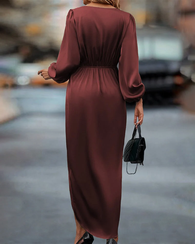 Dames Lange Jurk – V-Hals met Lange Mouwen en Taille