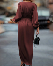 Dames Lange Jurk – V-Hals met Lange Mouwen en Taille