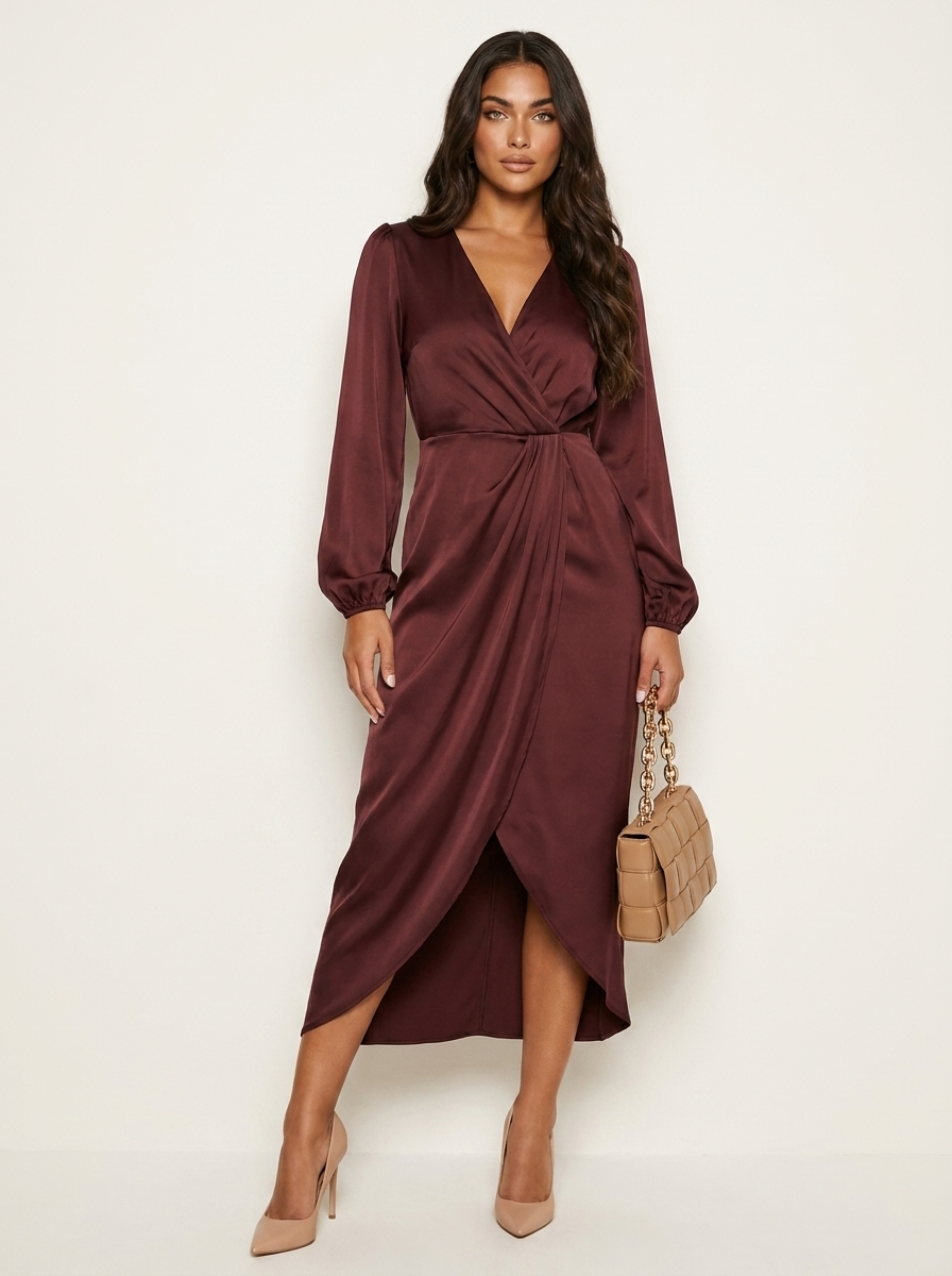 Dames Lange Jurk – V-Hals met Lange Mouwen en Taille
