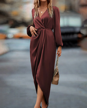 Dames Lange Jurk – V-Hals met Lange Mouwen en Taille