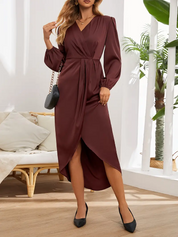 Dames Lange Jurk – V-Hals met Lange Mouwen en Taille