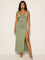 Dames Maxi Jurk – Watervalhals met Ruches en Hoge Split Lichtgroen / S - AIDA LENA