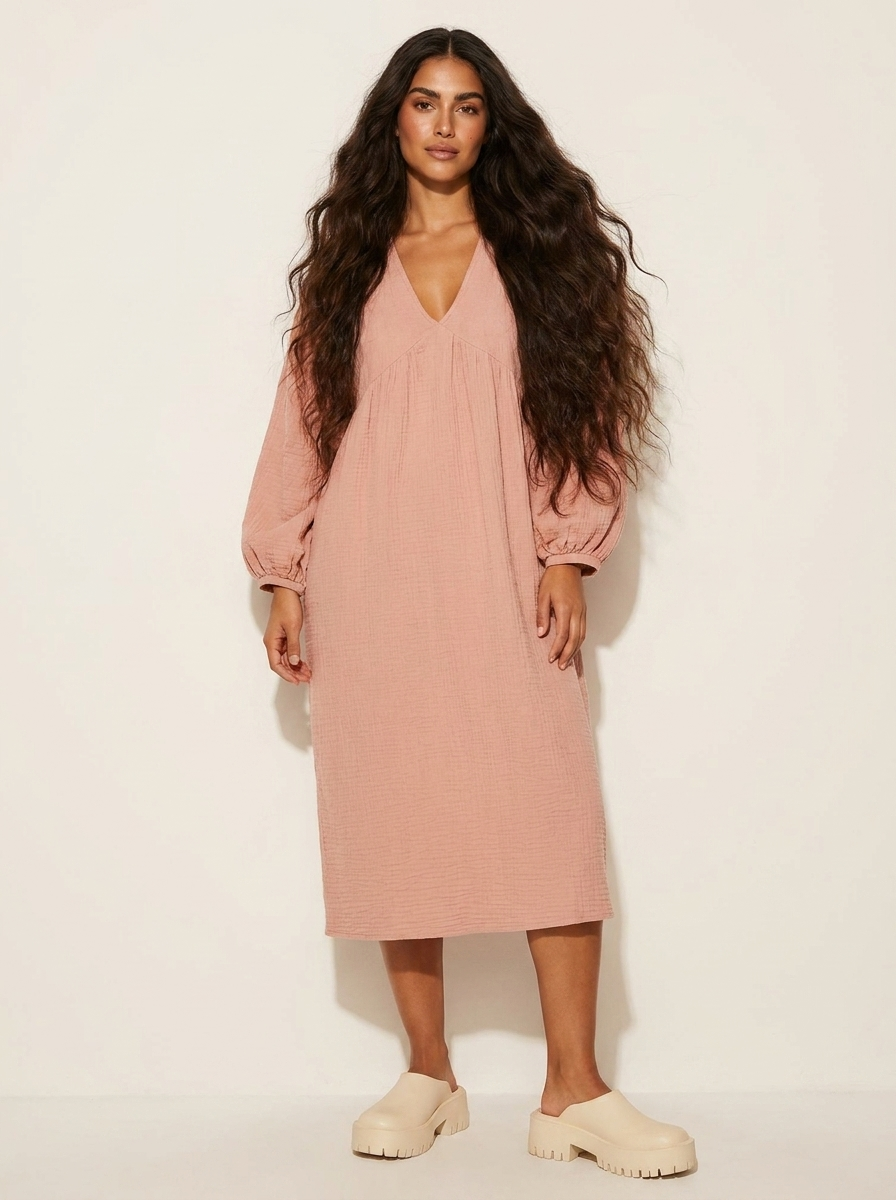 Dames Midi Jurk – Losvallend met V-Hals en Ballonmouwen Roze / S - AIDA LENA