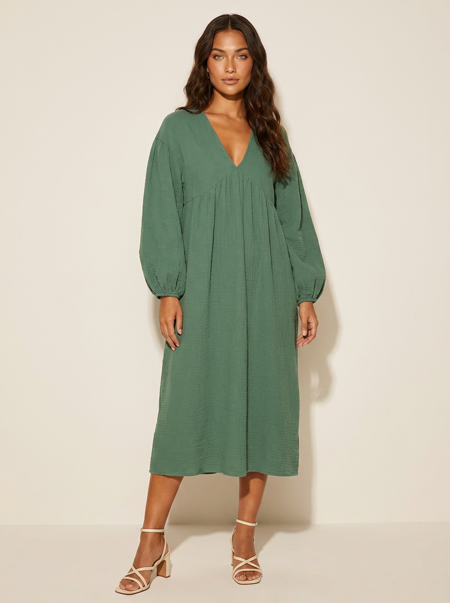 Dames Midi Jurk – Losvallend met V-Hals en Ballonmouwen Groen / S - AIDA LENA
