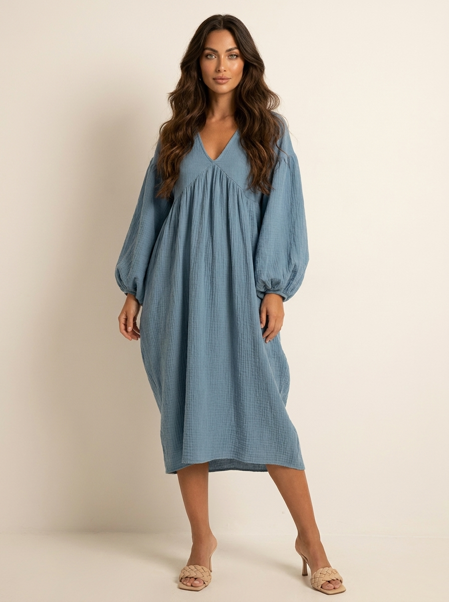 Dames Midi Jurk – Losvallend met V-Hals en Ballonmouwen Blauw / S - AIDA LENA