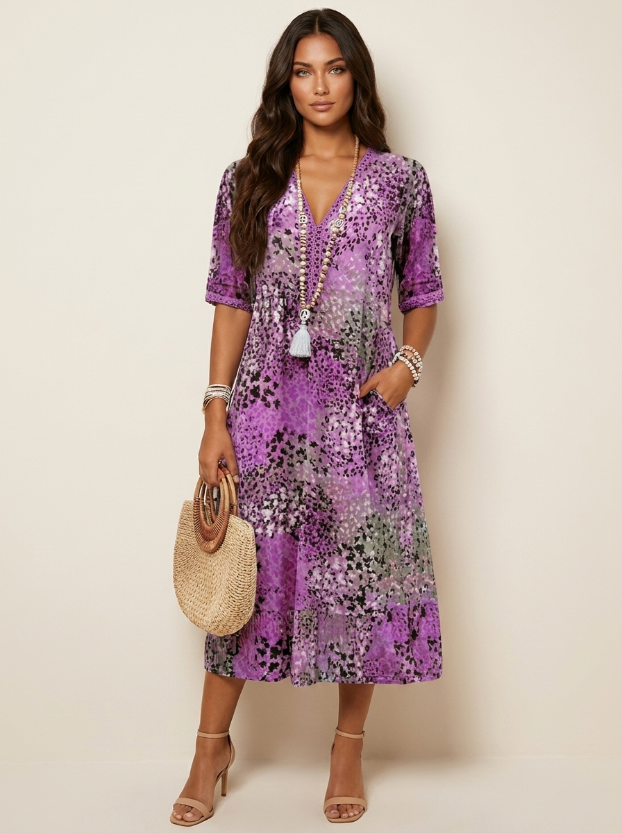 Dames Midi Jurk met Print – V-Hals en Korte Mouwen Paars / S - AIDA LENA