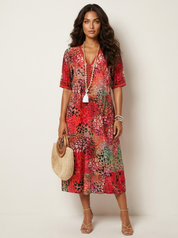 Dames Midi Jurk met Print – V-Hals en Korte Mouwen Rood / S - AIDA LENA