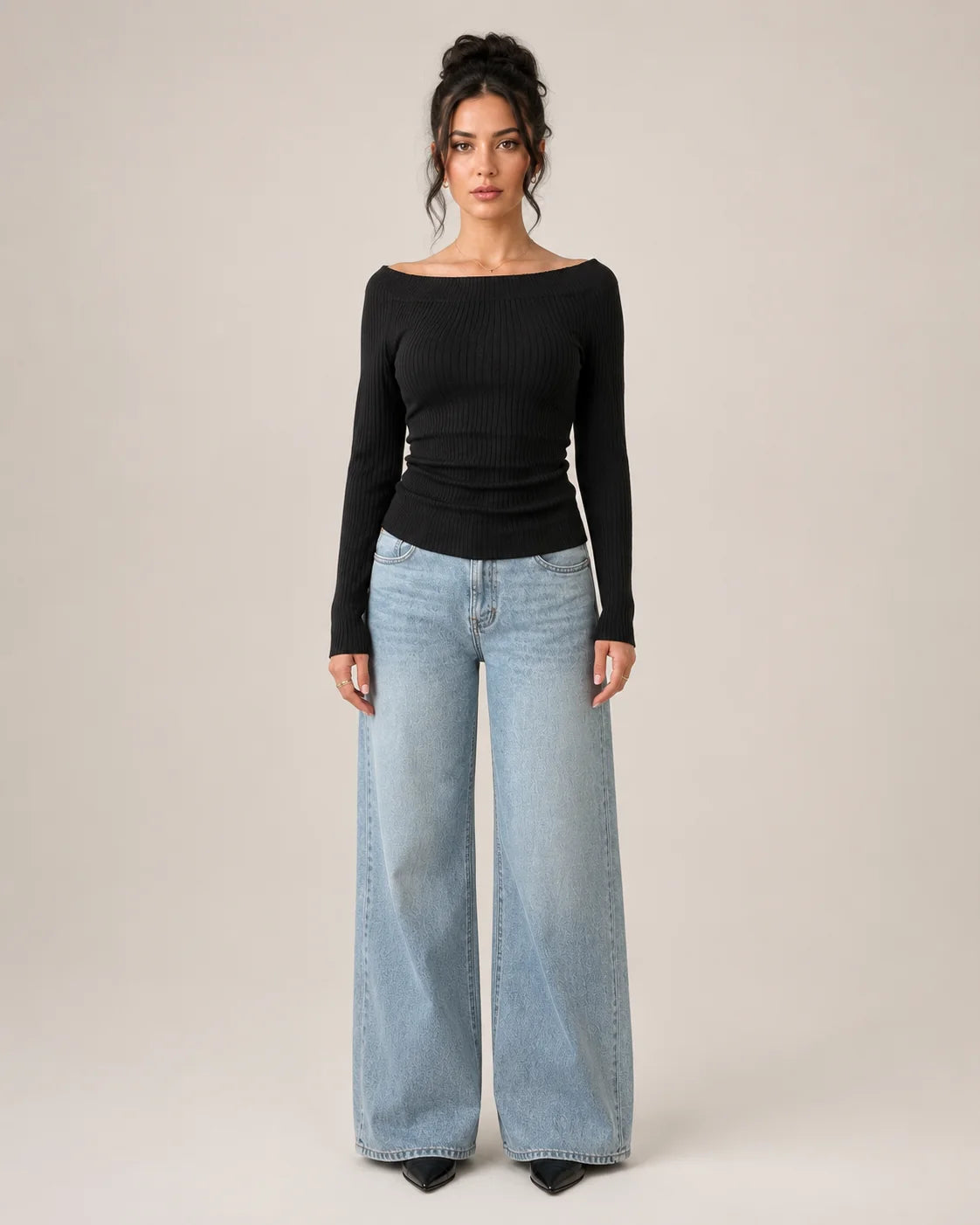Dames Off Shoulder Top – Geribd Model met Lange Mouwen S - AIDA LENA