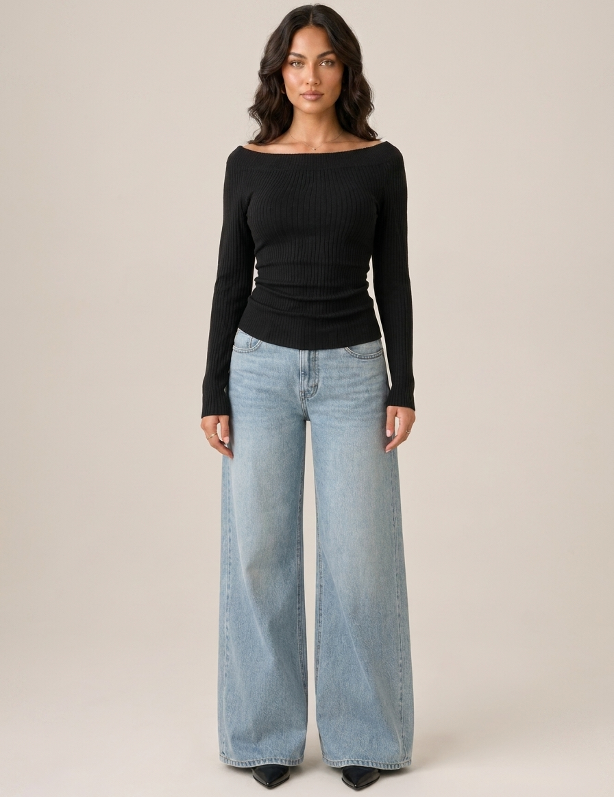 Dames Off Shoulder Top – Geribd Model met Lange Mouwen S - AIDA LENA
